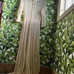 Cream Lace Maxi Dress shell with Long Sleeves buttons up and 100% cotton